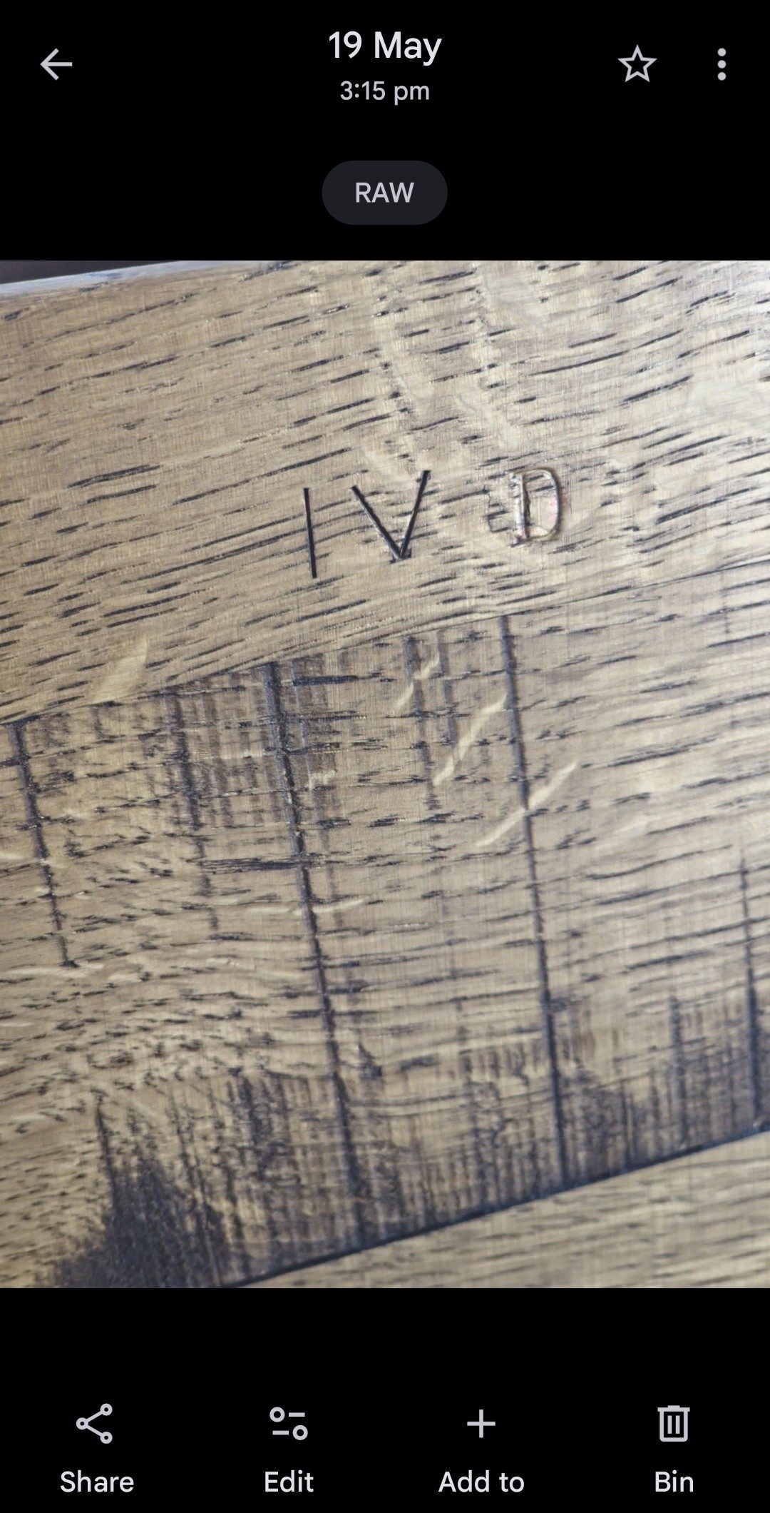 Stamp mark IVD on oak carcase — workshop assembly numbering