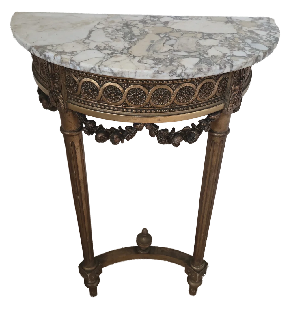 Antique French demi-lune console table, giltwood and marble, front view · SG-FR-021